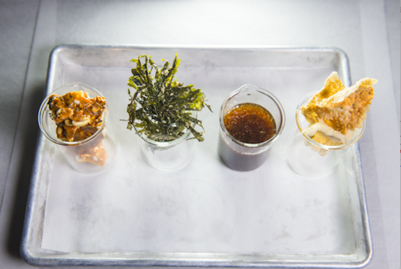 From left to right: smoked dulse peanut brittle, dried dulse with sesame, a ginger-dulse vinegarette and a rice cracker with dulse.