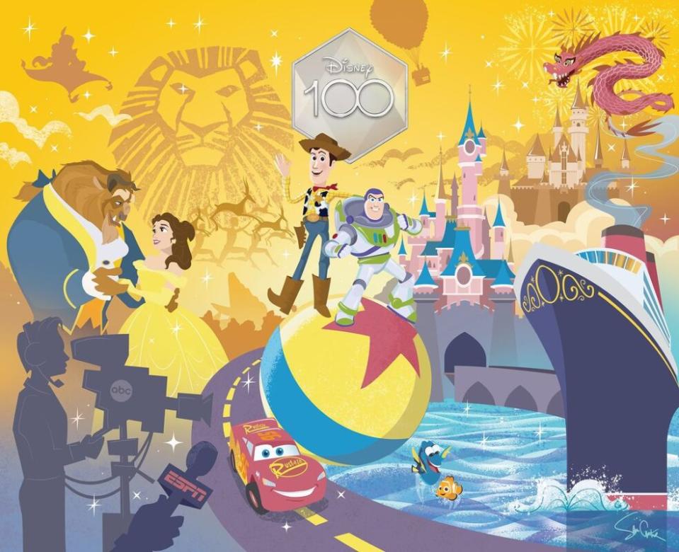 An illustration created for the The Walt Disney Company 100th anniversary showing Disney history