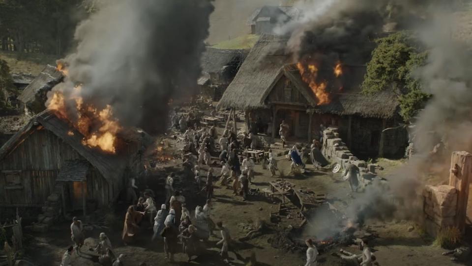 The village on fire in Rings of Power.