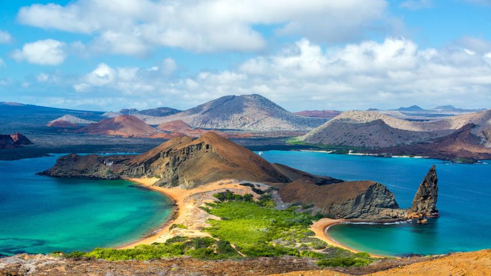 View of two beaches on Bartolome Island in the Galapagos Islands in Ecuador