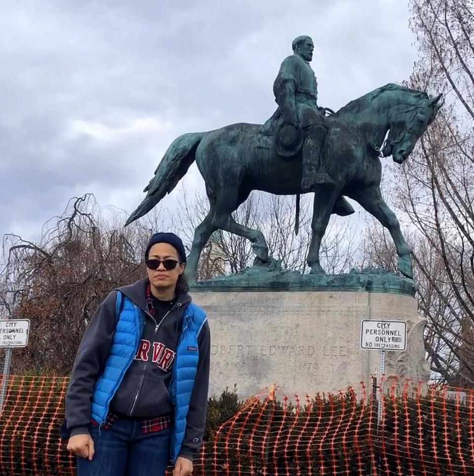 Jalane Schmidt in front of the Robert E. Lee statue.