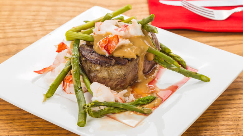 steak Oscar on white plate