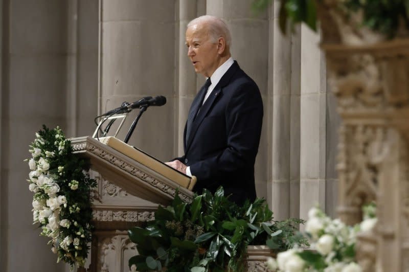 President Joe Biden speaks at the funeral service for former Supreme Court Justice Sandra Day O'Connor at the National Cathedral in Washington, DC, on December 19, 2023. O’Connor, who was the first woman to serve on the court, died December 1 at the age of 93. Photo by Ting Shen/UPI