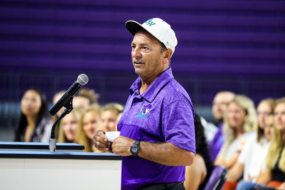 Head Coach, Robert Iamurri, said a few words. FSW softball team repeated as national champions over the weekend in Arizona. The school held a celebration in honor of their victory on campus at Suncoast Credit Union Arena, Tuesday, May 31, 2022. 