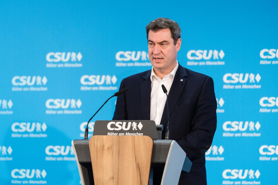16 March 2020, Bavaria, Munich: Markus Söder (CSU), party chairman and Minister President of Bavaria, speaks at a press conference at the CSU headquarters on the results of the local elections in Bavaria. Photo: Matthias Balk/dpa (Photo by Matthias Balk/picture alliance via Getty Images)