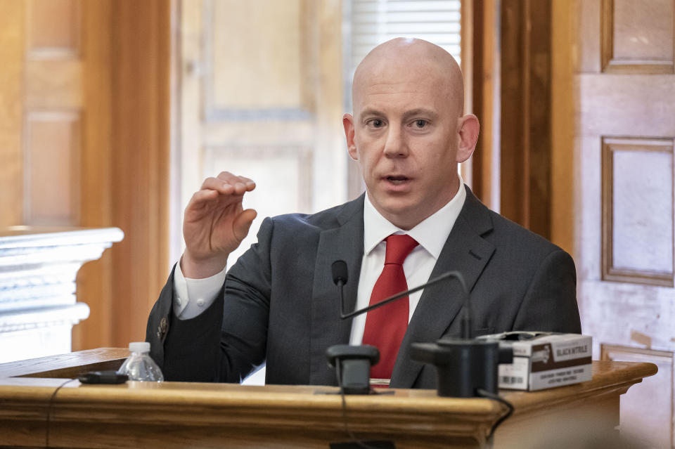 State Trooper Det. Lt. Brian Tully testifies during the Karen Read trial at Norfolk County Superior Court in Dedham, Mass., Thursday, June 13, 2024. (David McGlynn/The Patriot Ledger via AP, Pool)