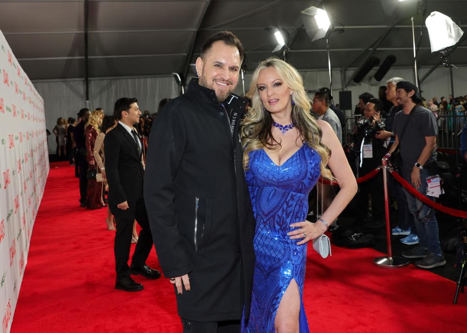 Stormy Daniels and Barrett Blade attend the Adult Video News Awards on Jan. 27, 2024, in Las Vegas.