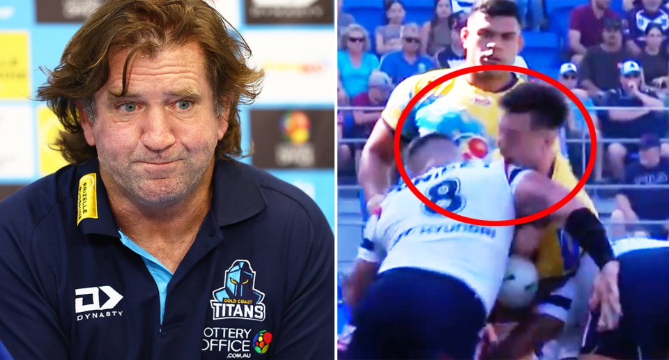 On the left is Titans coach Des Hasler.