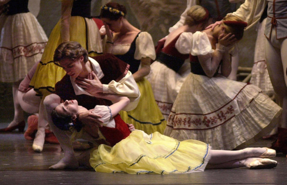 FILE - In this Tuesday, July 18, 2000 file photo, Sergei Filin as Albrecht and Nina Ananiashvili as Giselle perform a tragic scene during a dress rehearsal of the Bolshoi Ballet's United States premiere of "Giselle" at The Lincoln Center for the Performing Arts, in New York. Filin was attacked in Moscow on Thursday night, Jan. 17, 2013, by an unknown person who splashed acid onto his face. (AP Photo/Kathy Willens, File)