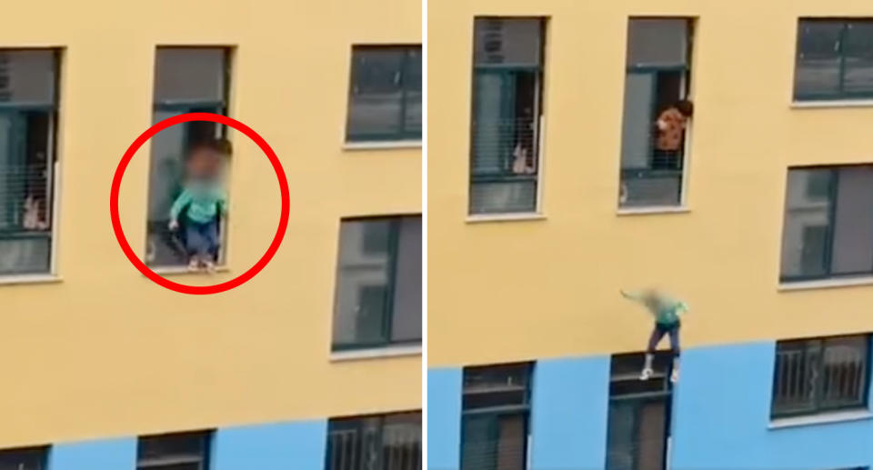 A young boy falls out a window after being locked in the toilet. 