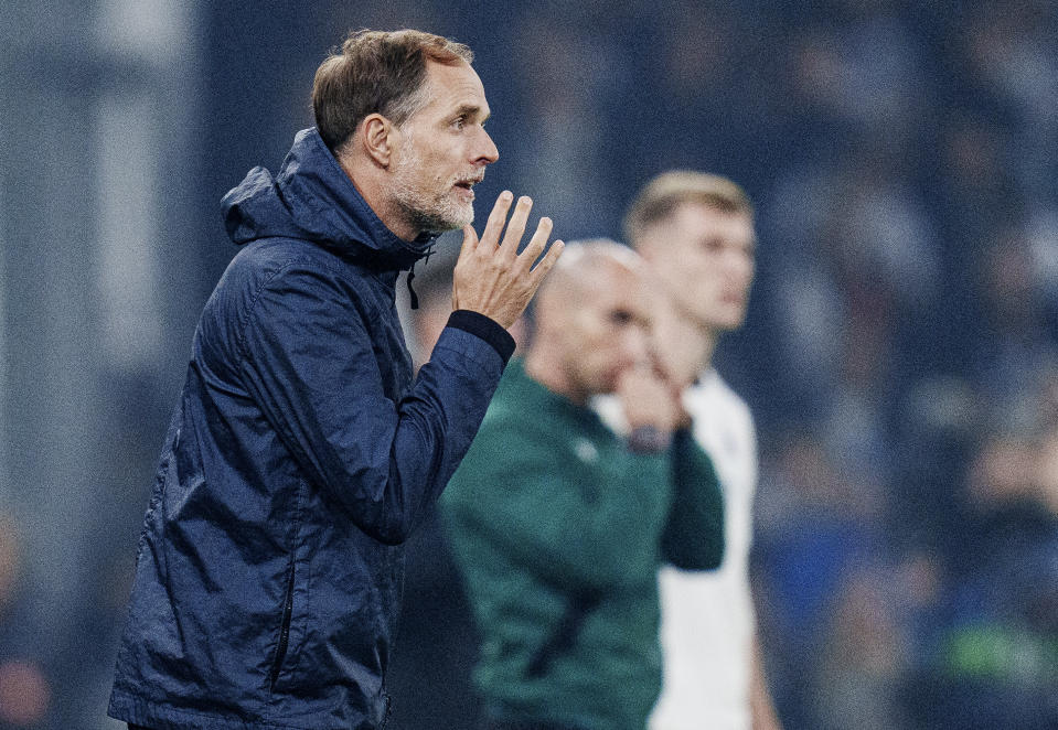 FC Bayern München's head coach Thomas Tuchel watches during the Champions League group A soccer match between FC Copenhagen and FC Bayern Munich in Copenhagen, Denmark, Tuesday, Oct. 3, 2023. (Mads Claus Rasmussen/Ritzau Scanpix via AP)