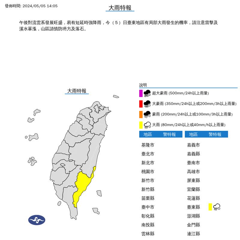 台東縣午後易有短延時強降雨。（圖／翻攝自中央氣象署）