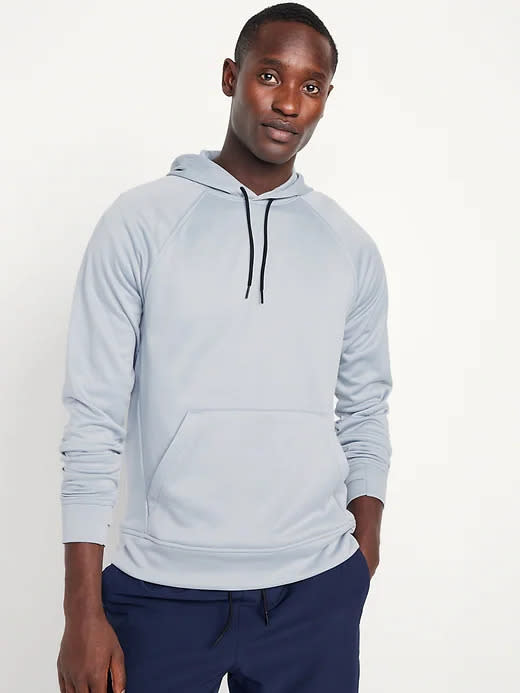 model wears blue Soft-Brushed Go-Dry Pullover Hoodie.