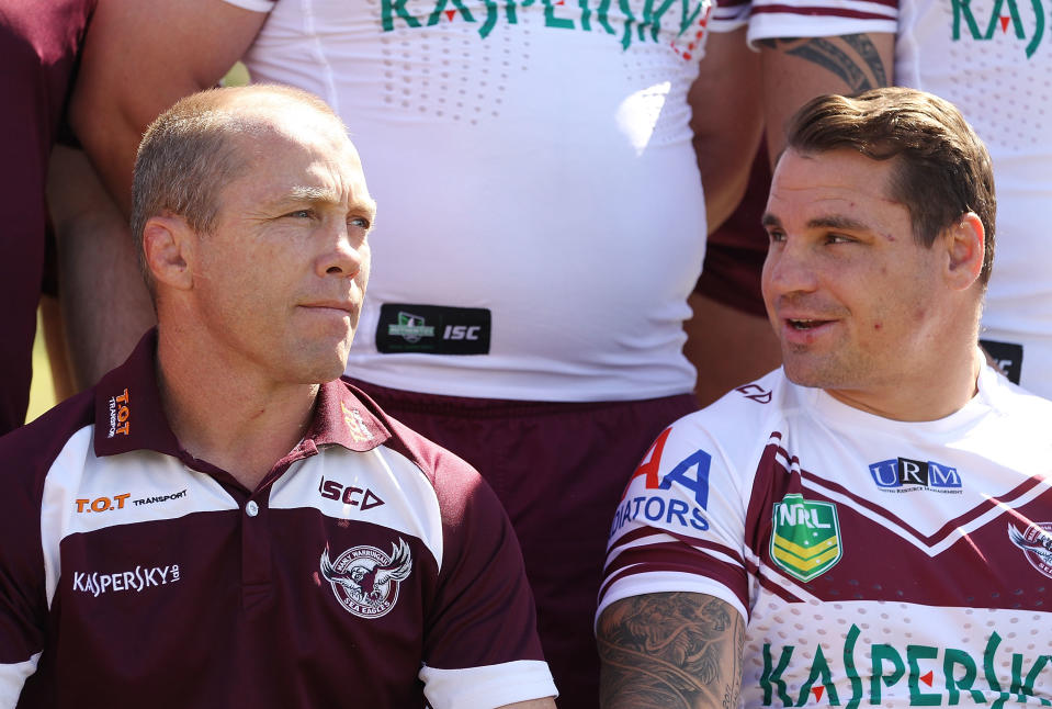 SYDNEY, AUSTRALIA - SEPTEMBER 30:  Anthony Watmough talks to coach Geoff Toovey during the Manly Sea Eagles NRL Grand Final media day at Brookvale Oval on September 30, 2013 in Sydney, Australia.  (Photo by Mark Metcalfe/Getty Images)