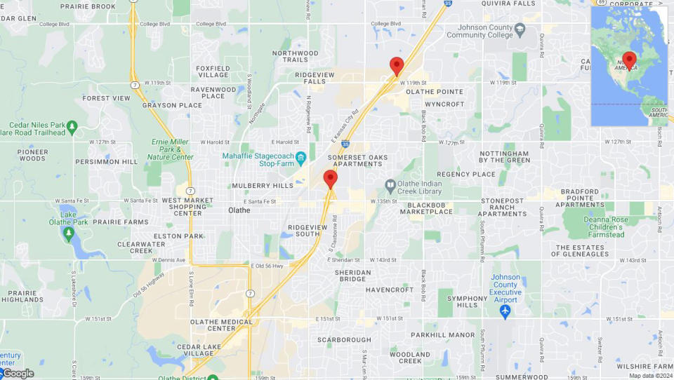 A detailed map that shows the affected road due to 'Traffic alert issued due to heavy rain conditions on eastbound I-35 in Olathe' on July 1st at 12:12 p.m.