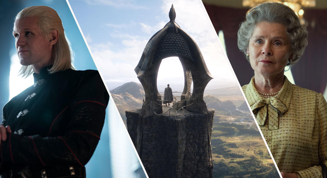 House of the Dragon, The Rings of Power, and The Crown will all hit screens in 2022. (Sky/Prime Video/Netflix)