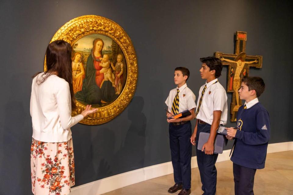 Belen Jesuit students visit the art exhibition, ‘Faith, Beauty, and Devotion: Medieval, Renaissance, and Baroque Paintings’ housed in the Olga M. & Carlos A. Saladrigas Art Gallery at Belen Jesuit Preparatory School. Sylvie Daubar-San Juan, humanities department chairperson and the school’s gallery director, speaks to the students about the paintings.
