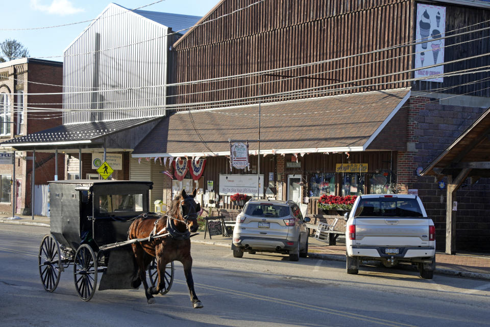 An Amish carriage passes through Spartansburg, Pa., on Thursday, Feb. 29, 2024. The body of a pregnant 23-year-old Amish woman was discovered on Monday in her home a few miles outside of Spartansburg. Pennsylvania State Police are appealing for tips from the public to help solve the crime, a state police spokeswoman said Wednesday. (AP Photo/Gene J. Puskar)