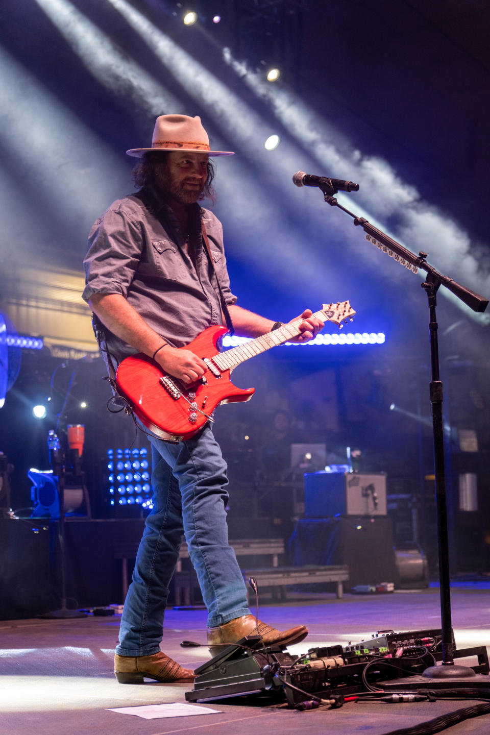 Guitarist for the Eli Young Band shows off his skills to the crowd Friday night at the Clovis Music Festival in Clovis, New Mexico.