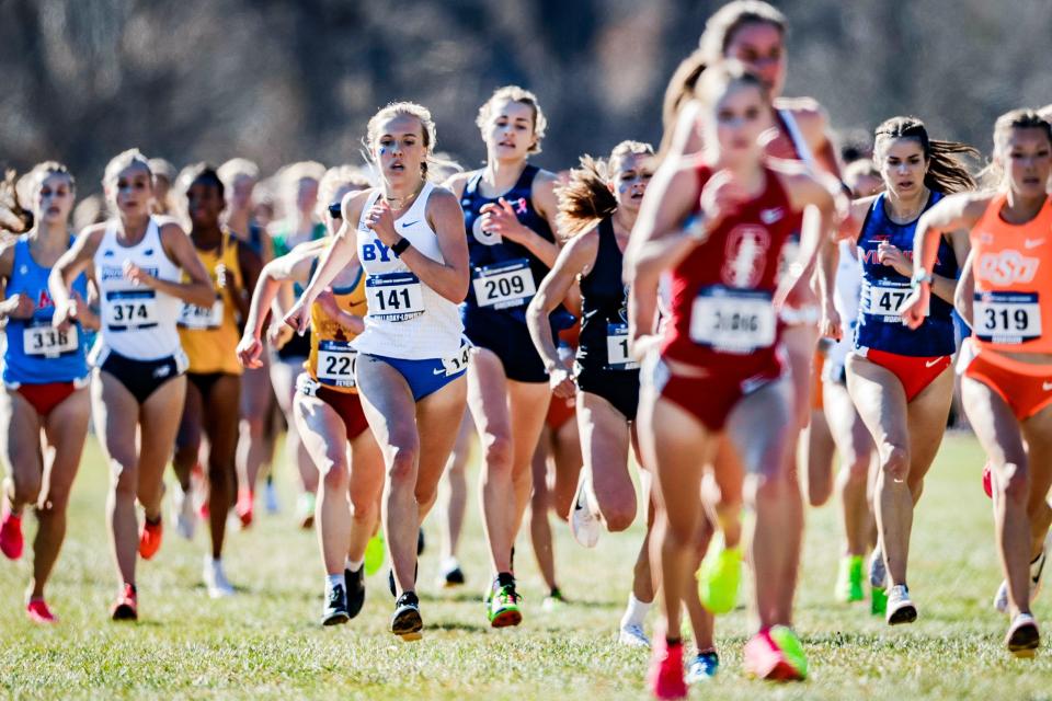 Members of the BYU women’s cross-country team compete at the NCAA cross-country championships Saturday, Nov. 18, 2023. The BYU women’s team placed 14th, one spot behind Utah. | BYU Photo