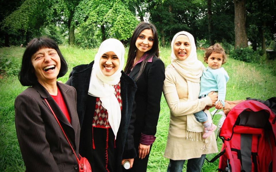 Professor Afshar, left, in 2007 with fellow participants in the BBC One programme She's a Thoroughly Modern Muslim, with Asia Alfasi, a cartoonist; Maryam Khan, a trainee solicitor; and Dr Fari Ahmed, a full-time mother - BBC