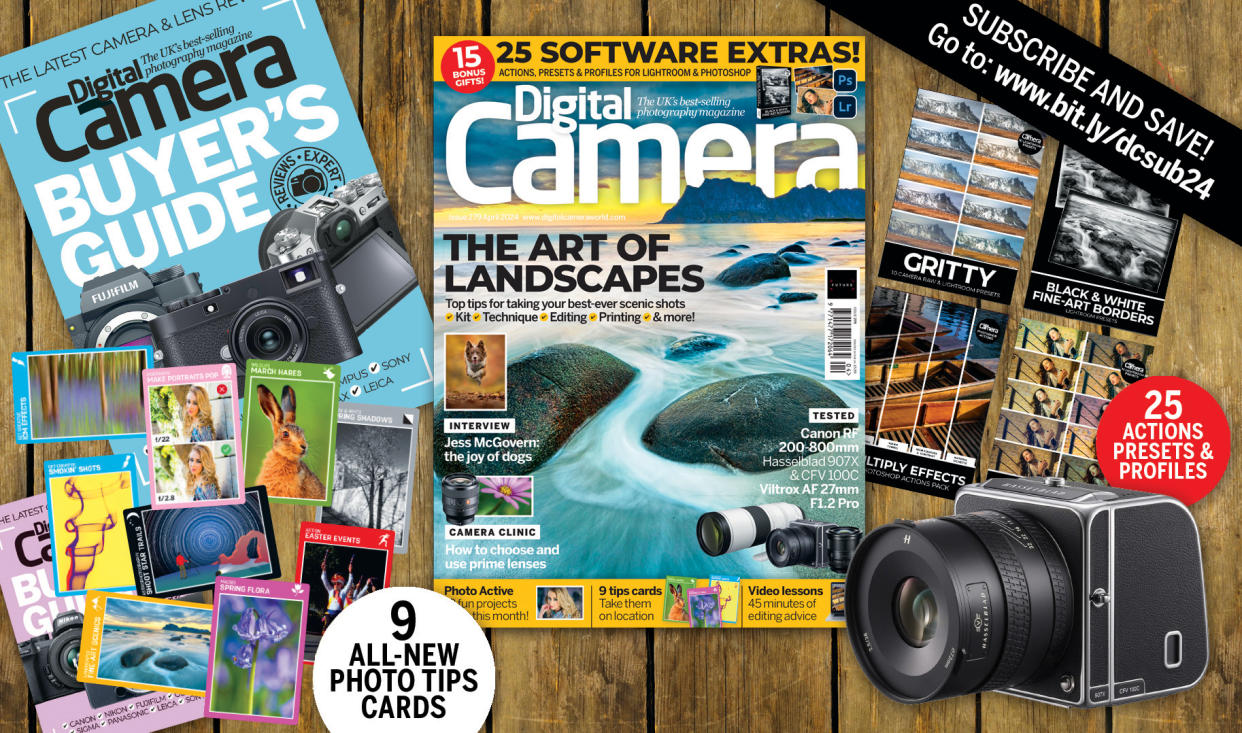  Montage of the front cover of Digital Camera issue 279 (April) and the bonus gifts included with the magazine, including nine photo tips cards and 25 software extras for Adobe Photoshop and Lightroom. 