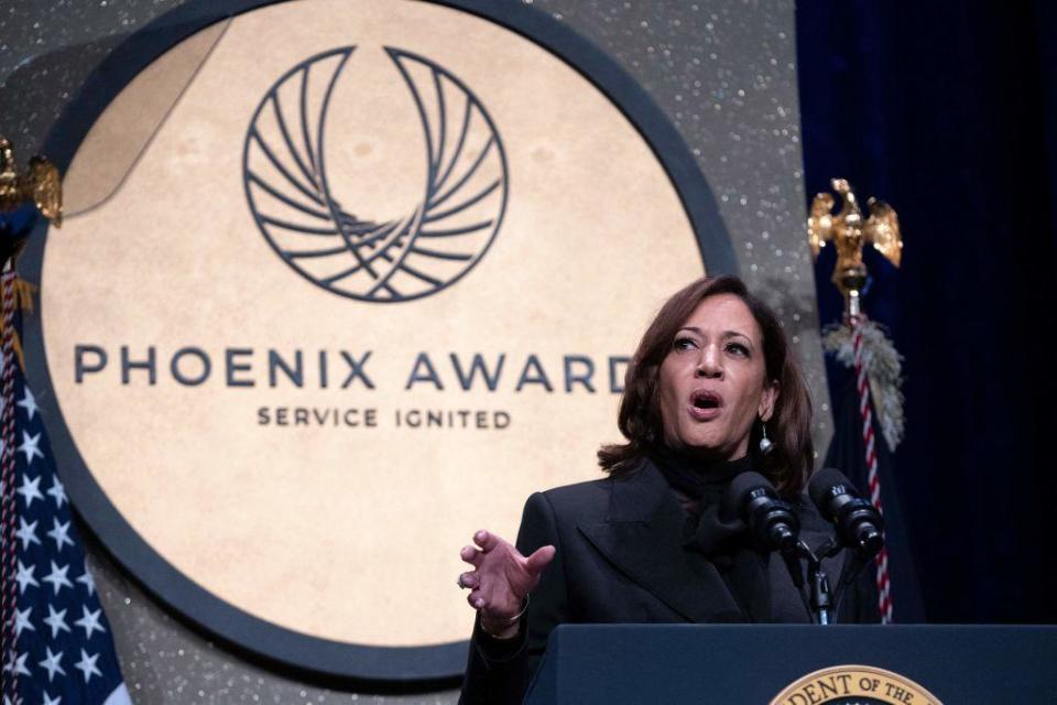 Vice President Kamala Harris speaks during the Phoenix Awards dinner at the Washington Convention Center in Washington, D.C., on Sept. 23, 2023. / Credit: ROBERTO SCHMIDT/AFP via Getty Images