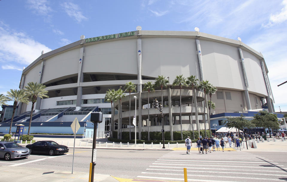 FILE - Tropicana Field is viewed before a baseball game between the Chicago White Sox and the Tampa Bay Rays in St. Petersburg, Fla., Sept. 21, 2014. The Rays are pushing for swift approval of a financing deal for a new 30,000-seat ballpark, part of a much larger $6 billion redevelopment project that includes such things as affordable housing, a hotel, a Black history museum and many other items. (AP Photo/Reinhold Matay, File)