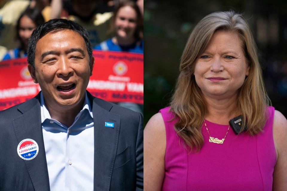 Andrew Yang and Kathryn Garcia at campaign events. 