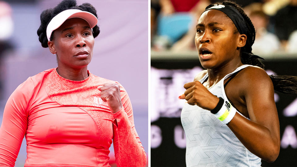 Venus Williams (pictured left) celebrating and Coco Gauff (pictured right) fist-pumping.