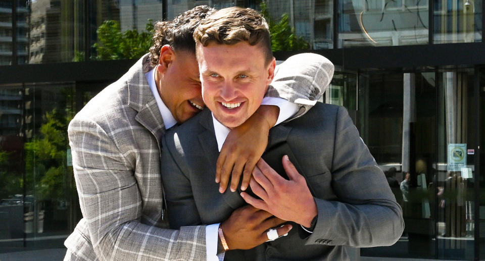 Jack Wighton and Latrell Mitchell were relieved after having their fighting charges thrown out. Pic: AAP