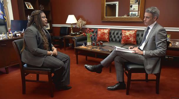 PHOTO: Rep. Cori Bush, left, talks to ABC's Devin Dwyer, right. (ABC News)