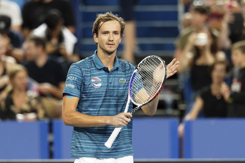 Russsia's Daniil Medvedev celebrates his win after defeating John Isner of the United State in their match at the ATP Cup in Perth, Australia, Sunday, Jan. 5, 2020. (AP Photo/Trevor Collens)