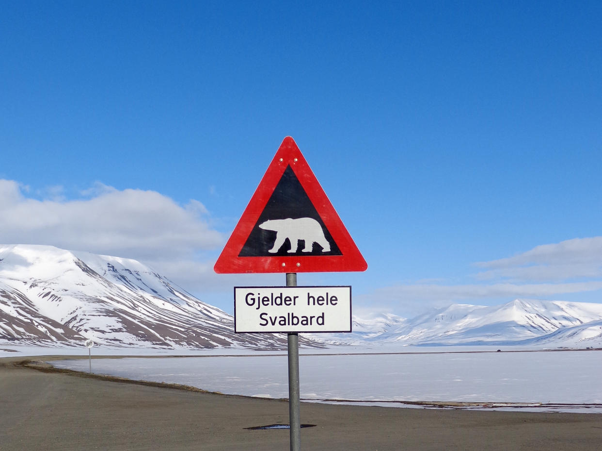 A sign warns residents of the arctic Svalbard islands in Norway of the danger from roaming polar bears, May 26, 2013. Svalbard in Norway's high Arctic, is home to 2,500 people and about 3,000 polar bears. Picture taken May 26, 2013. To match NORWAY-ARCTIC/NYAALESUND.  REUTERS/Balazs Koranyi (NORWAY - Tags: ENVIRONMENT ANIMALS)
