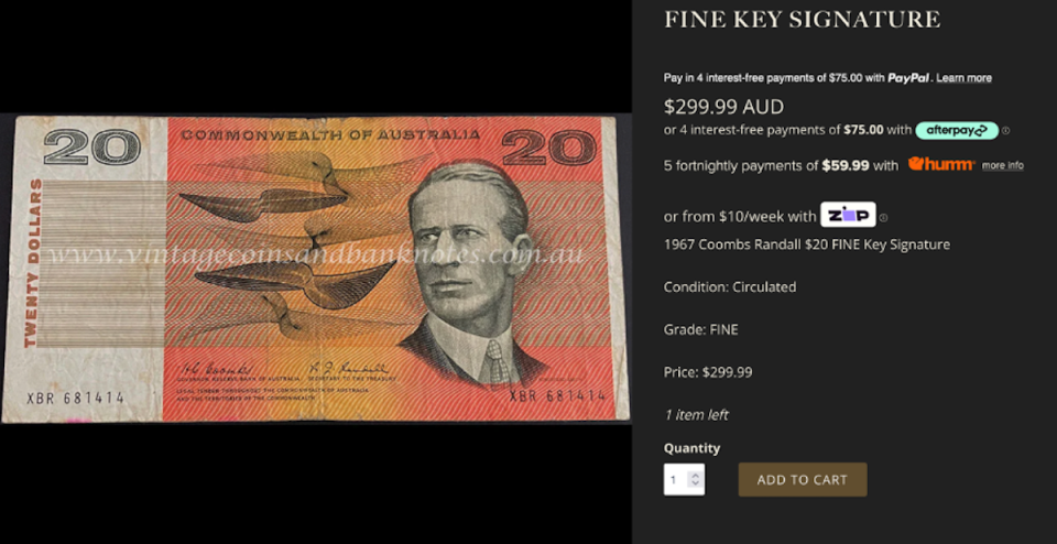 A webpage showing an old and rare 20-dollar cash note and its current value.