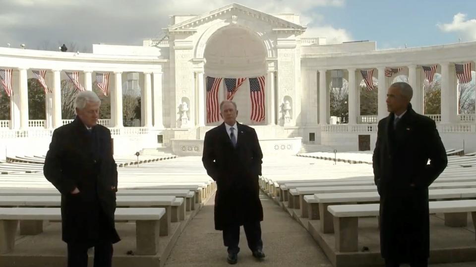 Former Presidents Bill Clinton, from left, George W. Bush and Barack Obama speak during the post-inauguration TV special