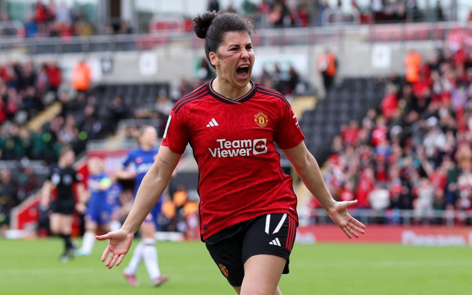 Lucia Garcia of Manchester United celebrates scoring her team's first goal during the Adobe Women's FA Cup Semi Final match between Manchester United and Chelsea at Leigh Sports Village on April 14, 2024 in Leigh, England