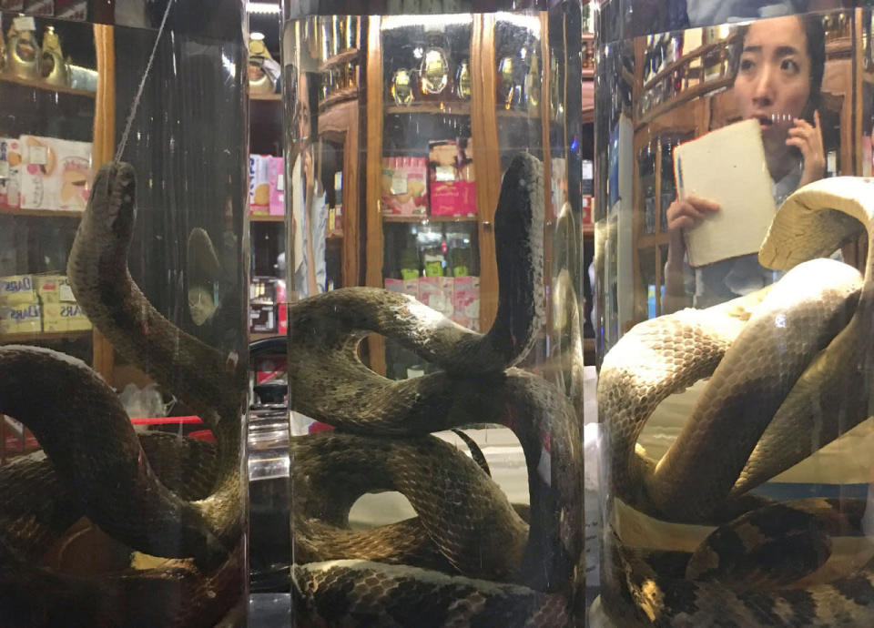 <p>A waitress is seen through bottles of “Hwanggurengi Sul” or snake wine at a restaurant on Tuesday, Sept. 27, 2016, in Pyongyang, North Korea. This alcohol, which can be found all over the country, is believed to improve men’s virility. (AP Photo/Wong Maye-E)</p>