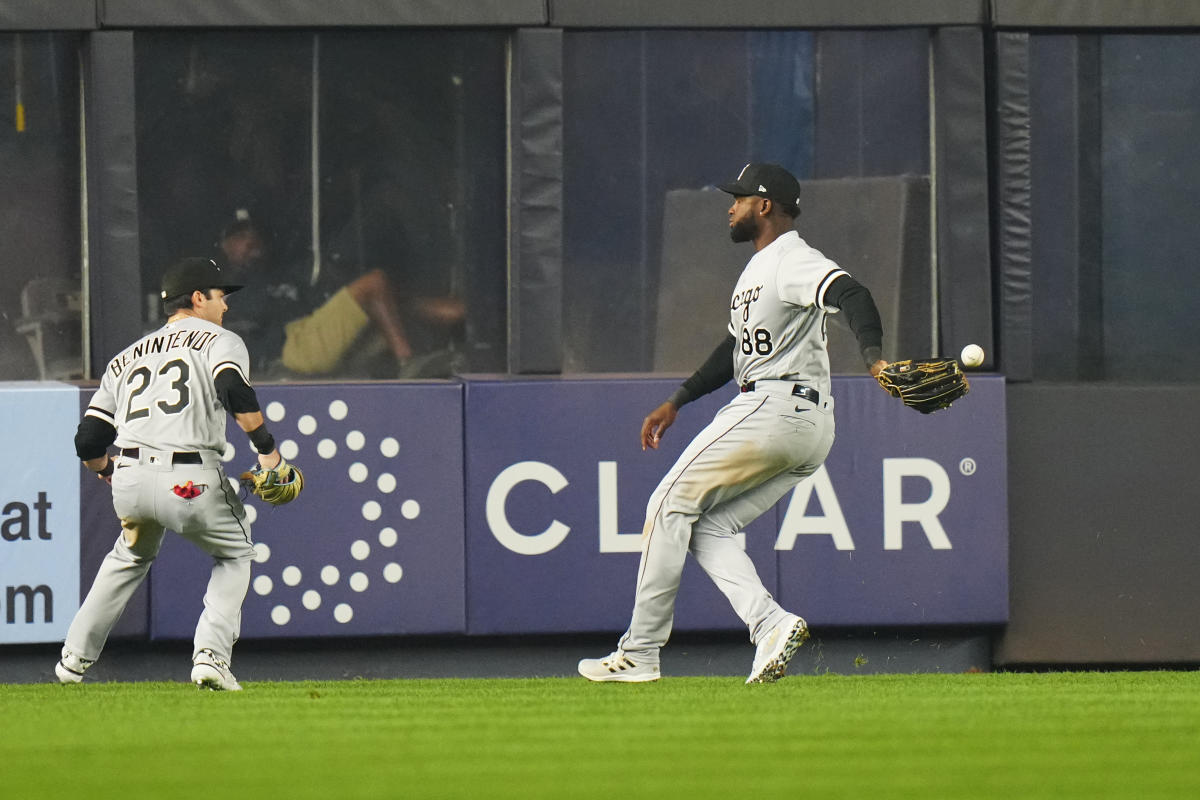 CHICAGO, IL - APRIL 06: Chicago White Sox left fielder Andrew Benintendi  (23) heads to the dugout in between innings during an MLB game against the  San Francisco Giants on April 06