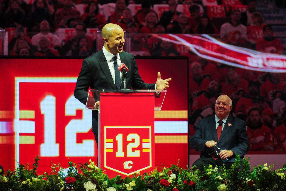 CALGARY, AB - MARCH 2: Jarome Iginla speaks to the crowd during the night his number twelve jersey will be retired prior to an NHL game against the Minnesota Wild at Scotiabank Saddledome on March 2, 2019 in Calgary, Alberta, Canada. (Photo by Derek Leung/Getty Images)