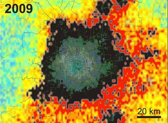 Data from NASA’s QuikScat satellite show the changing extent of Beijing between 2000 and 2009 through changes to its infrastructure.