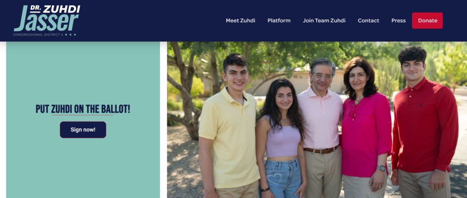 Congressional District 4 candidate Zuhdi Jasser, seen in a screenshot from his campaign website, says prior political involvement means he’s already “battle-tested” for a campaign, and his detailed policy platform sets him apart from the other candidates in the race.