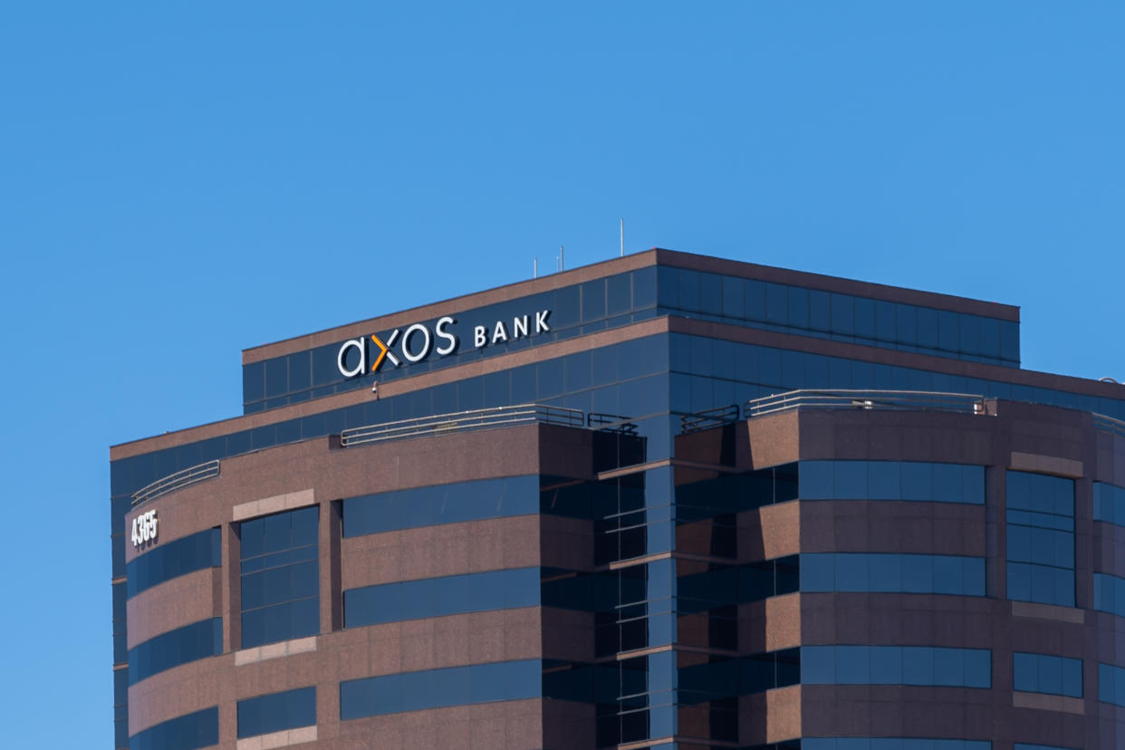 San Diego, CA, USA - July 9, 2022: Axos Bank headquarters in San Diego, CA, USA. Axos Bank is an American federally chartered savings and loan association and direct bank.