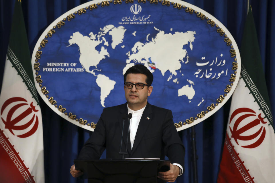 In this May 28, 2019 photo, Iran's Foreign Ministry spokesman Abbas Mousavi speaks at a media conference in Tehran, Iran. Iran remains open to diplomacy to save its 2015 nuclear deal with world powers but has "no hope" in the international community, the country's Foreign Ministry spokesman said Monday, July 8, 2019, as the Islamic Republic broke the limit the agreement put on its enrichment of uranium. (AP Photo/Vahid Salemi)