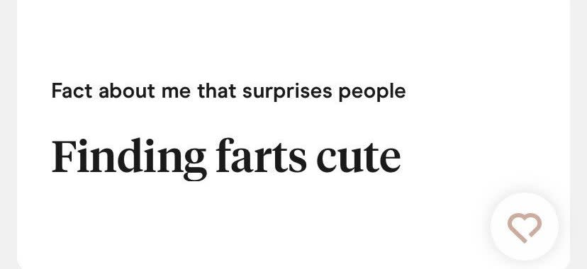 A section of someone's profile says "Face about me that surprises people: Finding farts cute"