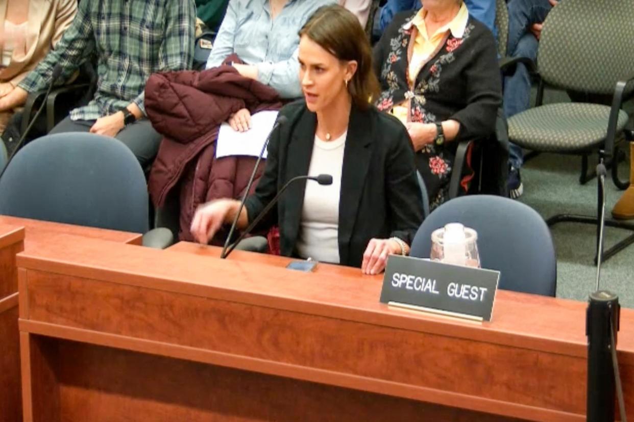 <span>Katie Medley gives testimony before the West Linn city council in Oregon on 5 February 2024.</span><span>Photograph: West Linn City Council</span>