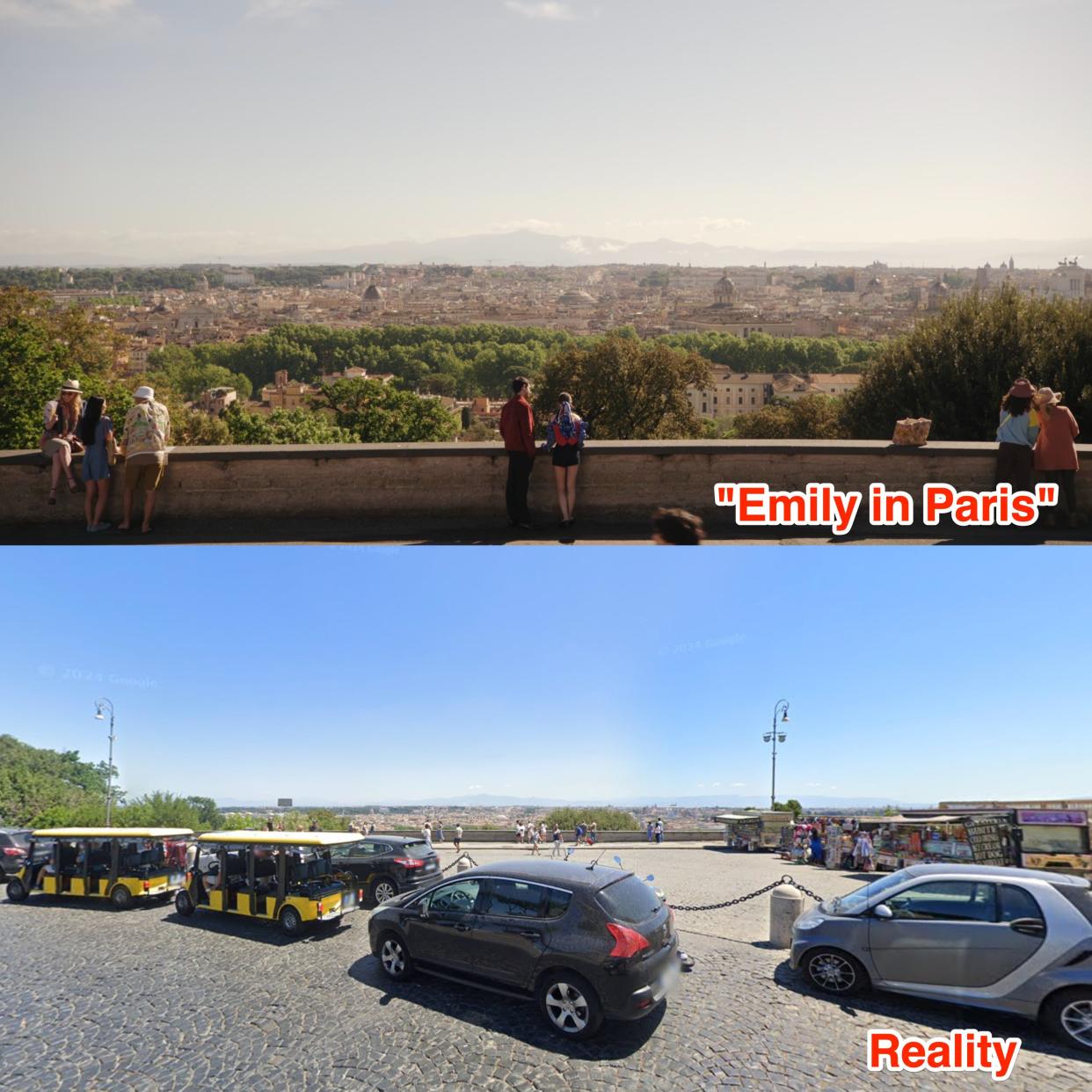 The view from the highest point of the Janiculum hill in Piazza Garibaldi in "Emily in Paris" and in real life.