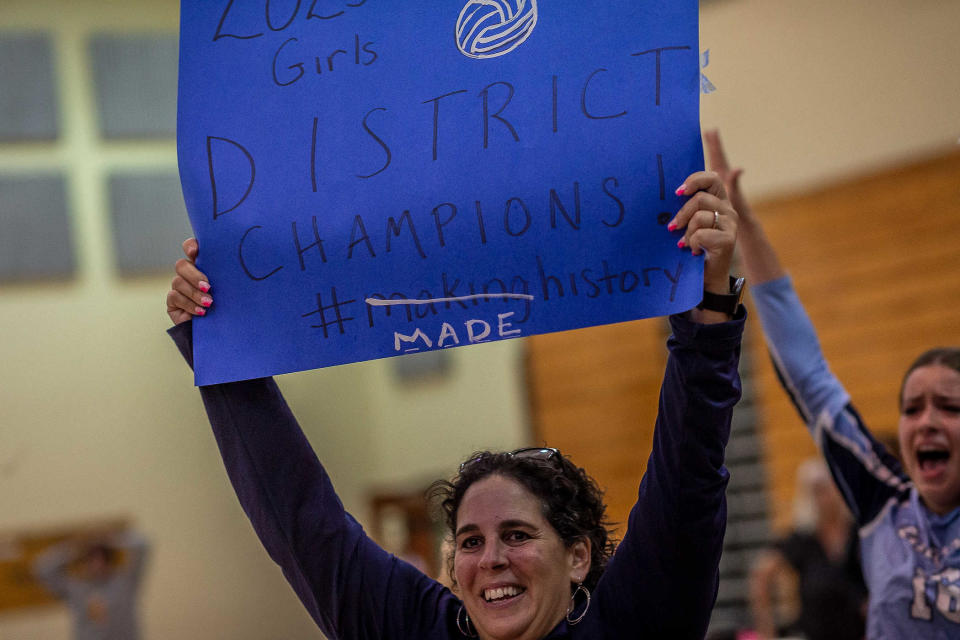 Coach Erica Green after the win as the Suncoast Community High School Chargers hosted the Dr. Joaquin Garc’a Bulldogs for the District 14-5A volleyball tournament championship at the school in Riviera Beach, Fla., on October 19, 2023. In their first year with a team, the Bulldogs won the match in five games.