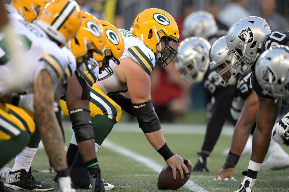 Aug 22, 2019; Winnipeg, Manitoba, CAN; The Green Bay Packers line up against the Oakland Raiders during the second half at Investors Group Field. Mandatory Credit: Kirby Lee-USA TODAY Sports