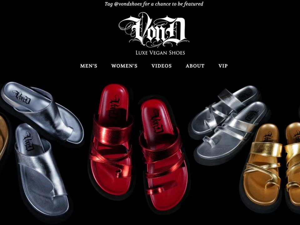 The home page of the Von D Shoes website.